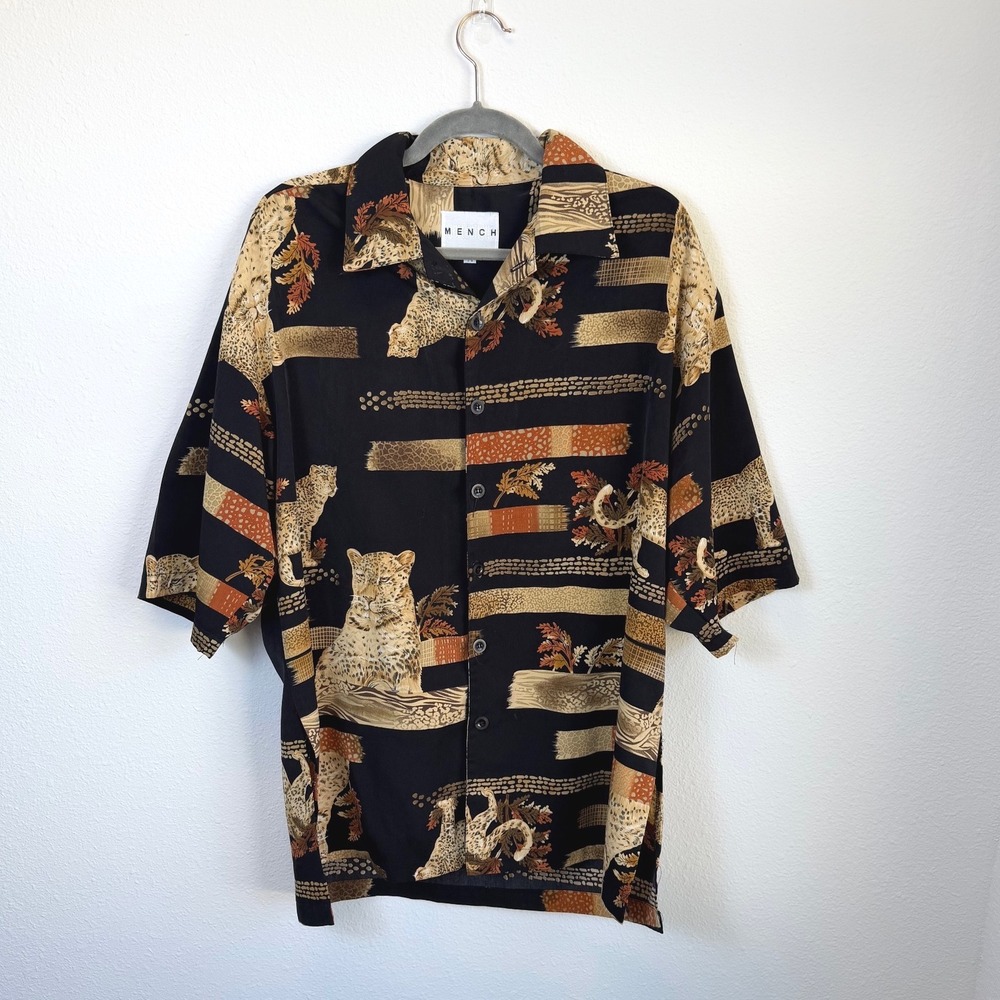 Vtg Black Tiger Button Shirt Mens Medium Retro Boho Streetwear All Over Print